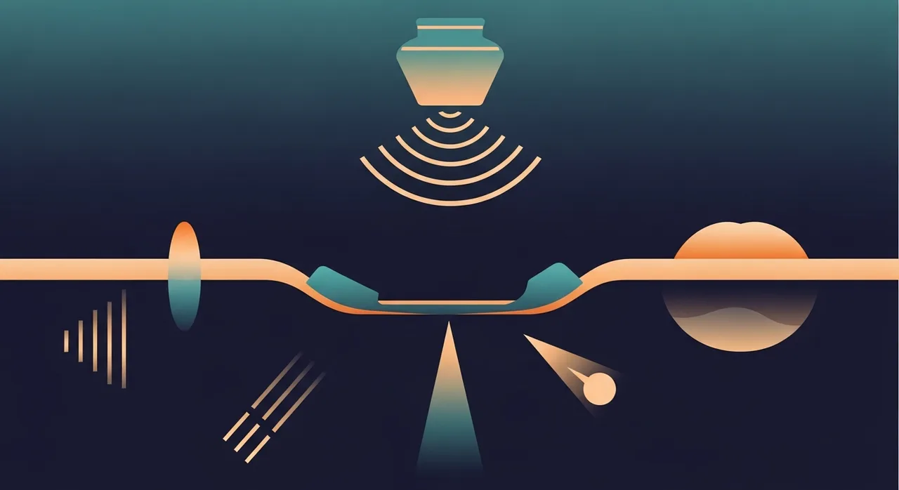 Editorial illustration of a transducer emitting sound waves over abstract artifact patterns