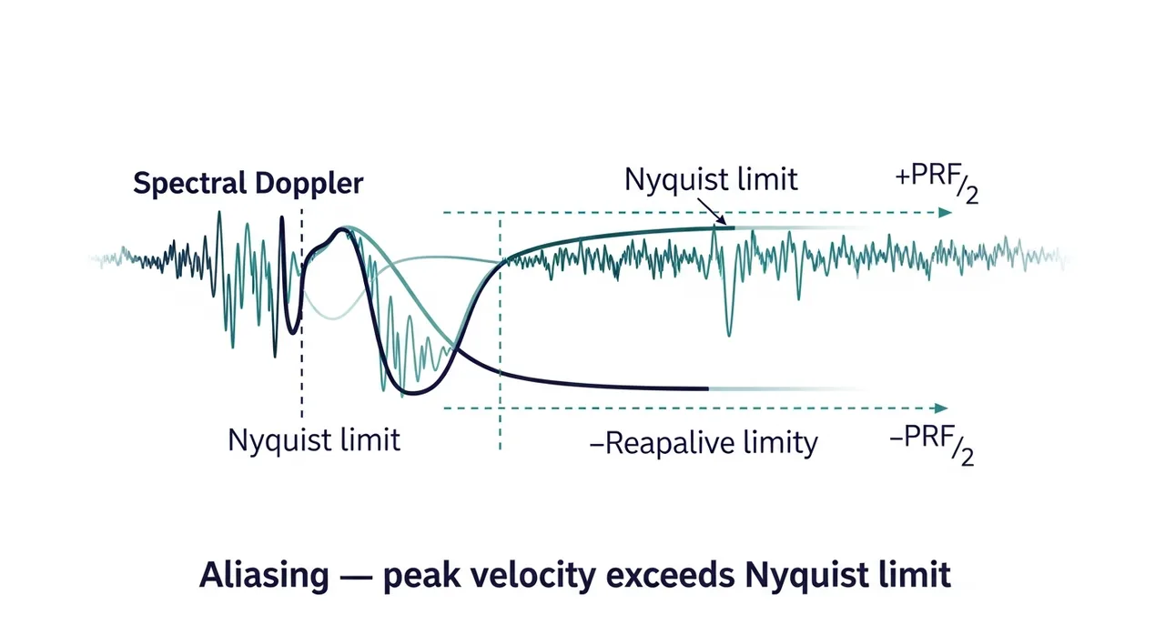 Spectral Doppler waveform showing aliasing wrapping past the Nyquist limit