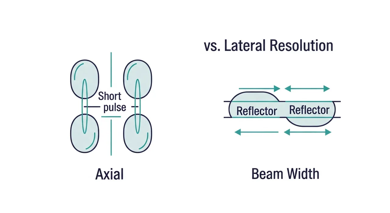 Schematic comparing axial resolution along the beam versus lateral resolution across the beam