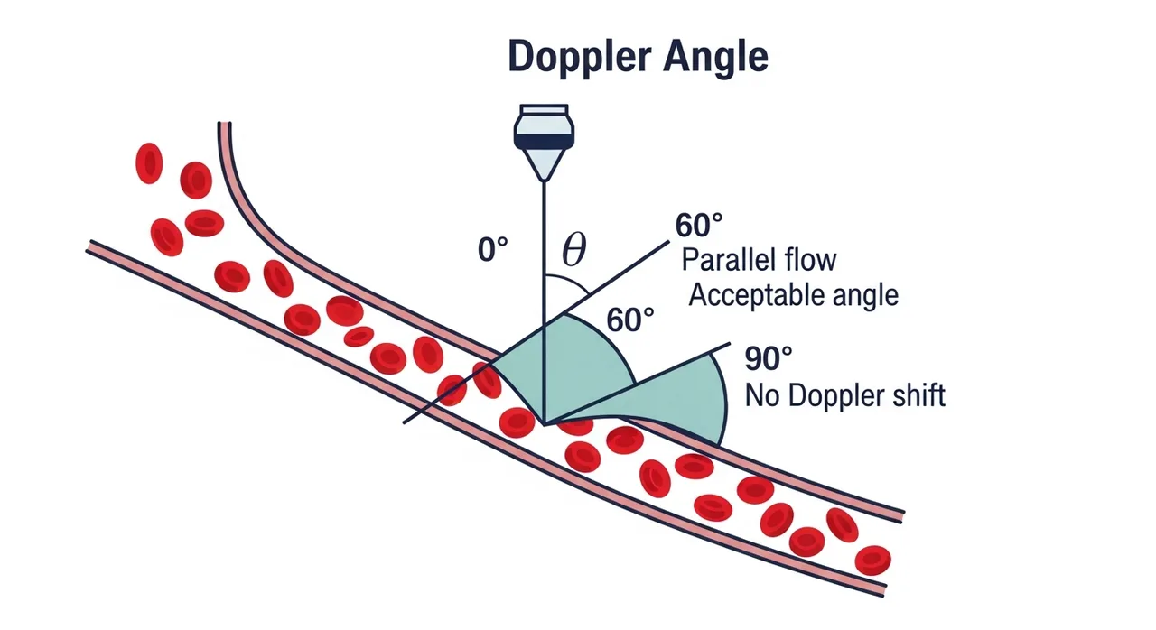 Schematic of the Doppler insonation angle theta between beam and flow