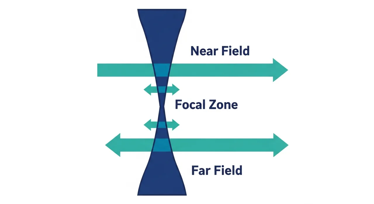 Schematic of an ultrasound beam narrowing at the focal zone