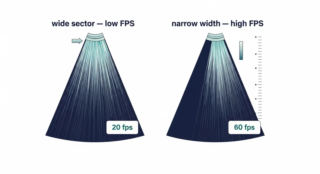 Schematic comparing a wide low-FPS sector and a narrow high-FPS sector