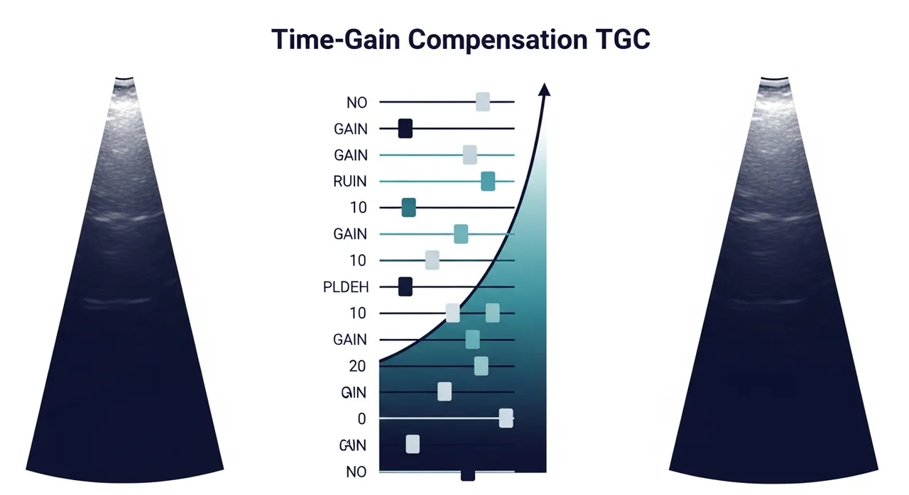 Schematic showing TGC sliders correcting an under-compensated deep field into uniform brightness